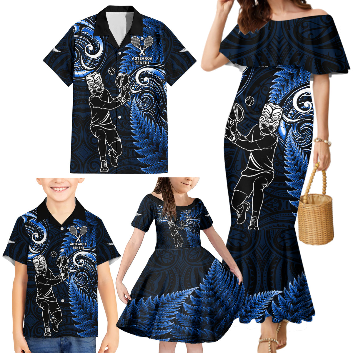 Custom New Zealand Tiki Tennis Family Matching Mermaid Dress and Hawaiian Shirt 2024 Aotearoa Tenehi Maori Silver Fern - Blue LT14 - Polynesian Pride