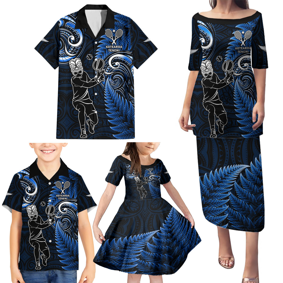 Custom New Zealand Tiki Tennis Family Matching Puletasi and Hawaiian Shirt 2024 Aotearoa Tenehi Maori Silver Fern - Blue LT14 - Polynesian Pride