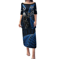 Custom New Zealand Tiki Tennis Family Matching Puletasi and Hawaiian Shirt 2024 Aotearoa Tenehi Maori Silver Fern - Blue LT14 Mom's Dress Blue - Polynesian Pride