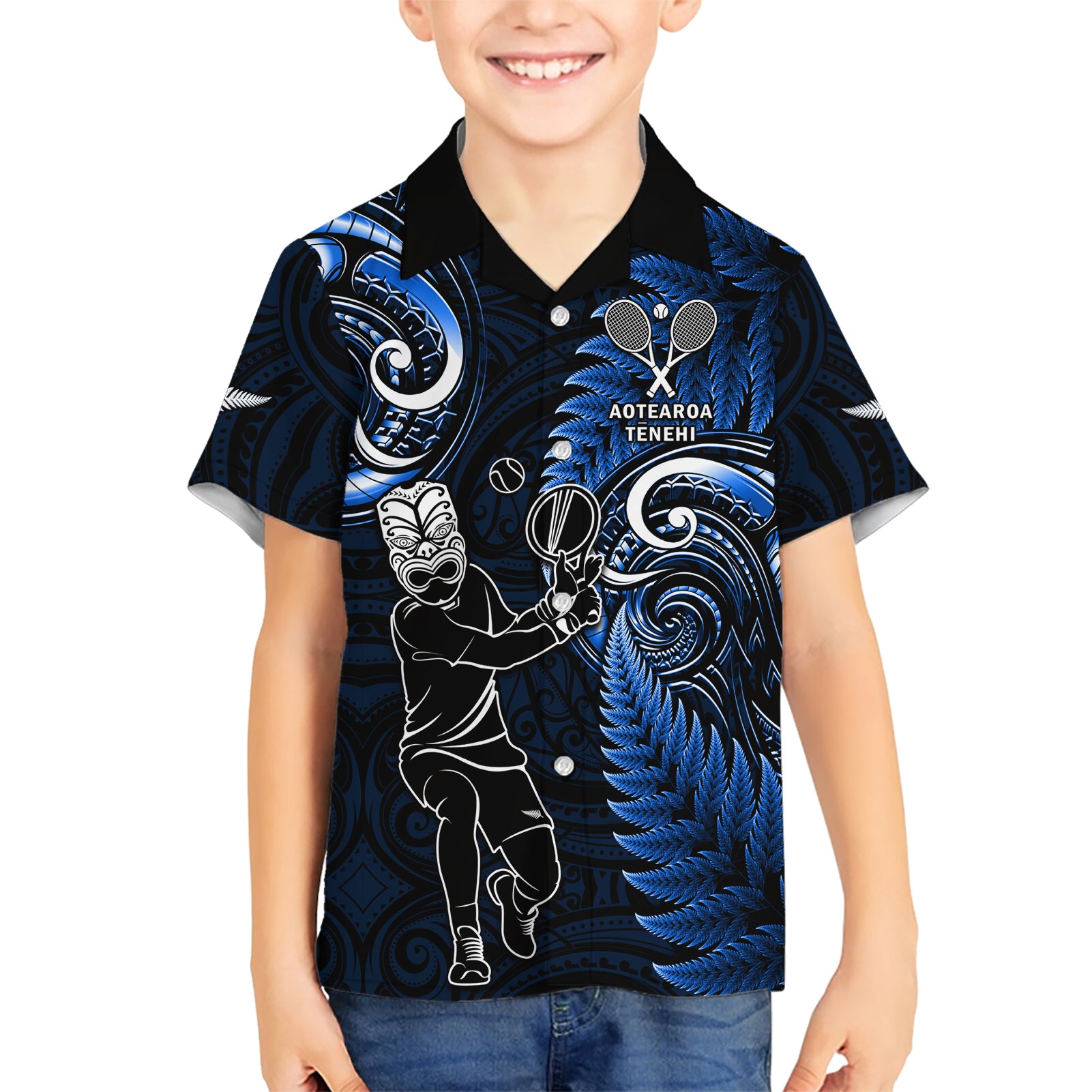 Custom New Zealand Tiki Tennis Kid Hawaiian Shirt 2024 Aotearoa Tenehi Maori Silver Fern - Blue LT14 Kid Blue - Polynesian Pride