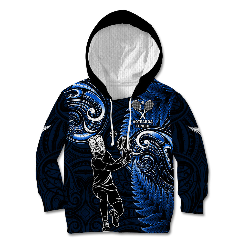 Custom New Zealand Tiki Tennis Kid Hoodie 2024 Aotearoa Tenehi Maori Silver Fern - Blue LT14 Hoodie Blue - Polynesian Pride