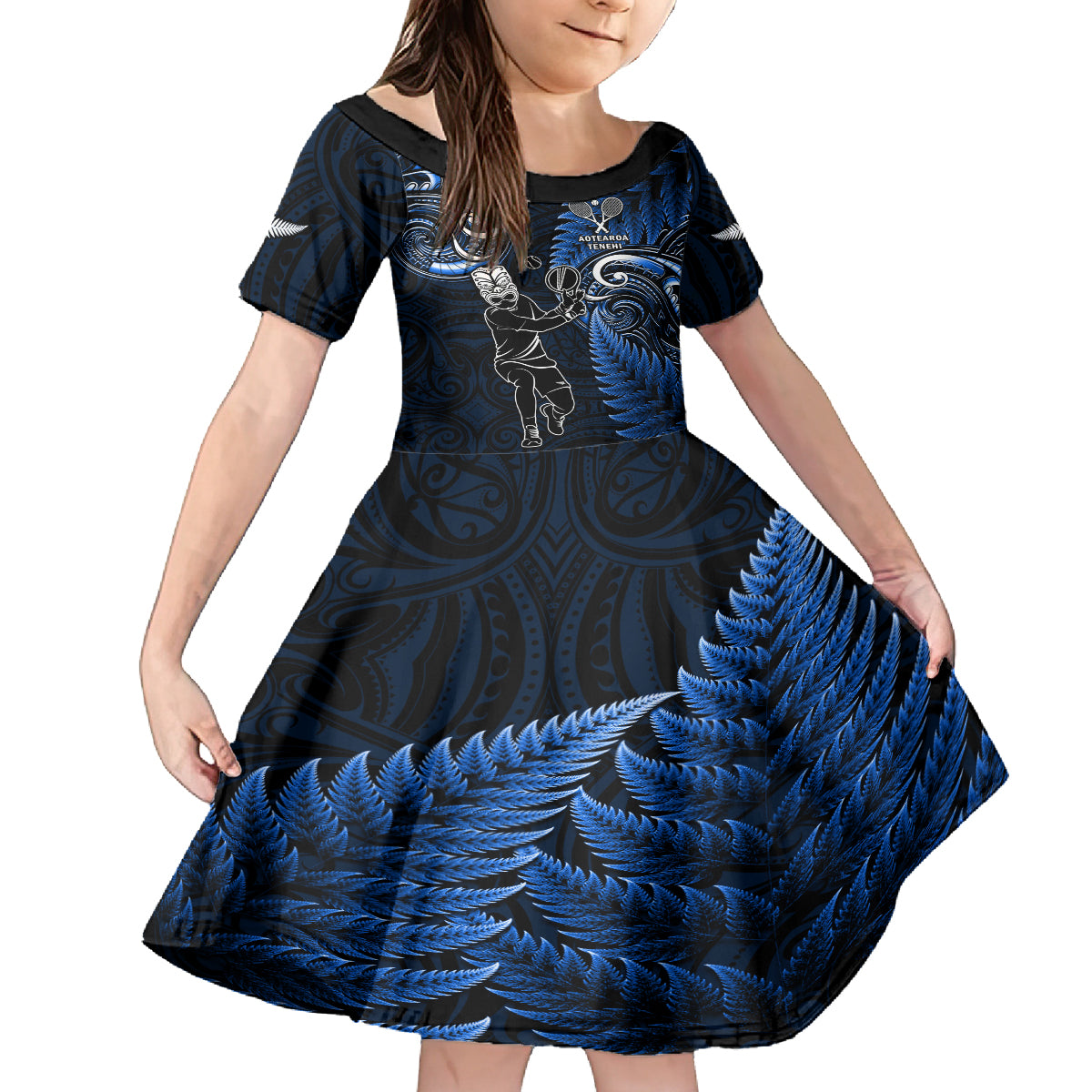 Custom New Zealand Tiki Tennis Kid Short Sleeve Dress 2024 Aotearoa Tenehi Maori Silver Fern - Blue LT14 KID Blue - Polynesian Pride