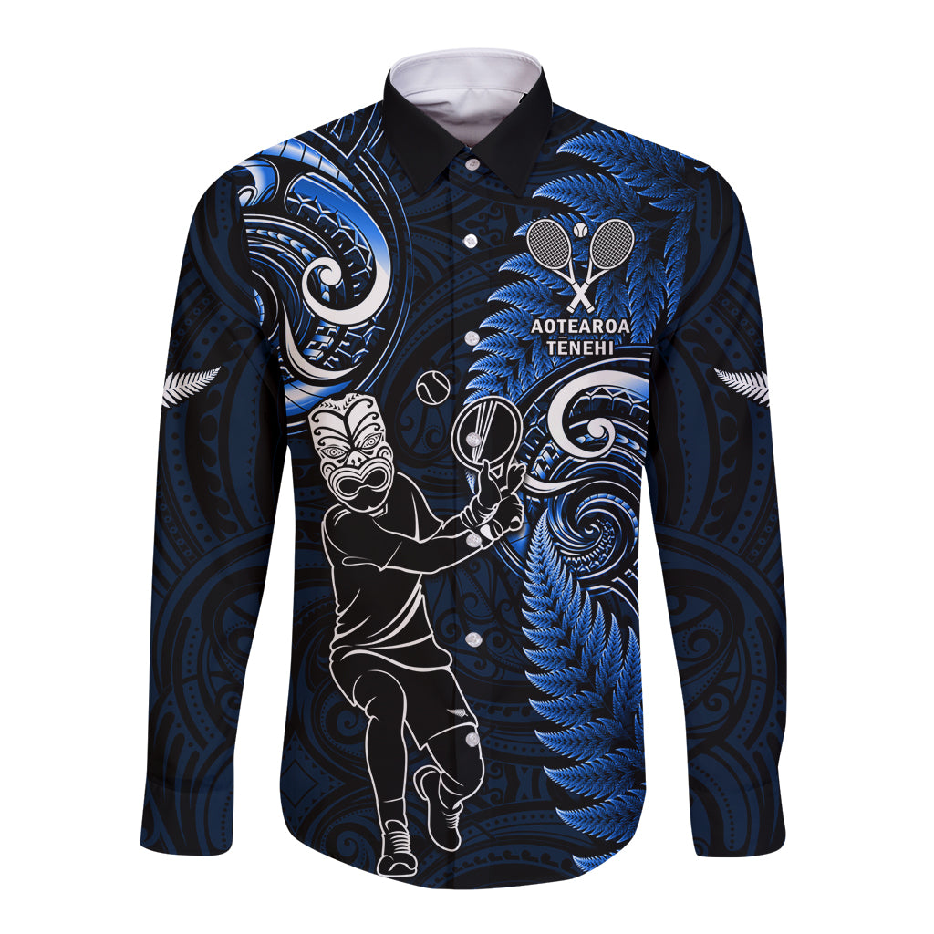 Custom New Zealand Tiki Tennis Long Sleeve Button Shirt 2024 Aotearoa Tenehi Maori Silver Fern - Blue LT14 Unisex Blue - Polynesian Pride