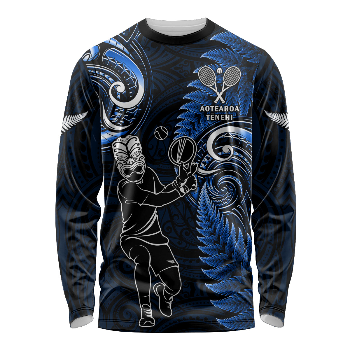 Custom New Zealand Tiki Tennis Long Sleeve Shirt 2024 Aotearoa Tenehi Maori Silver Fern - Blue LT14 Unisex Blue - Polynesian Pride