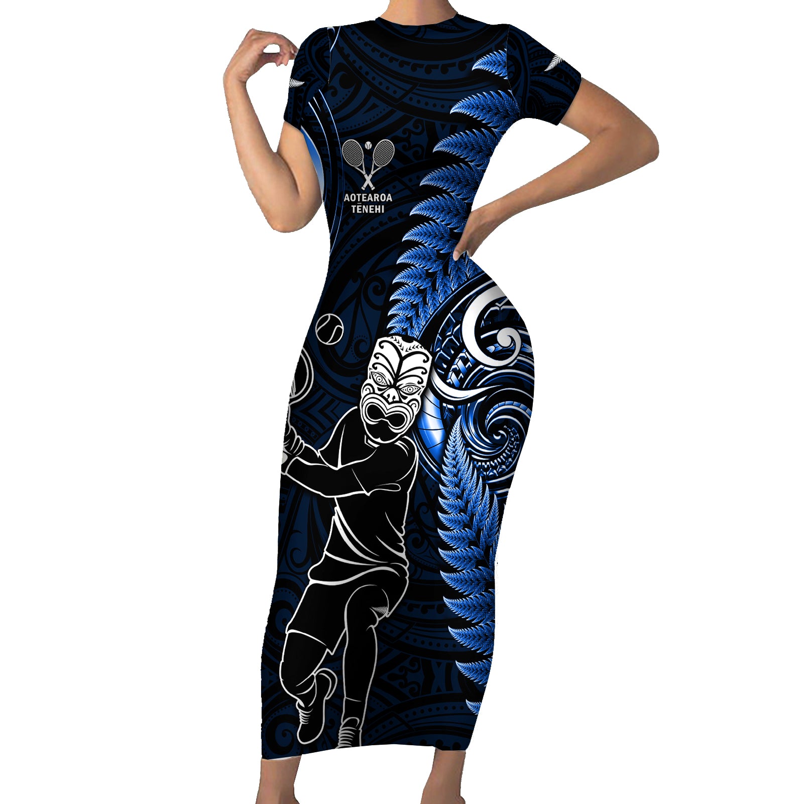 Custom New Zealand Tiki Tennis Short Sleeve Bodycon Dress 2024 Aotearoa Tenehi Maori Silver Fern - Blue LT14 Long Dress Blue - Polynesian Pride