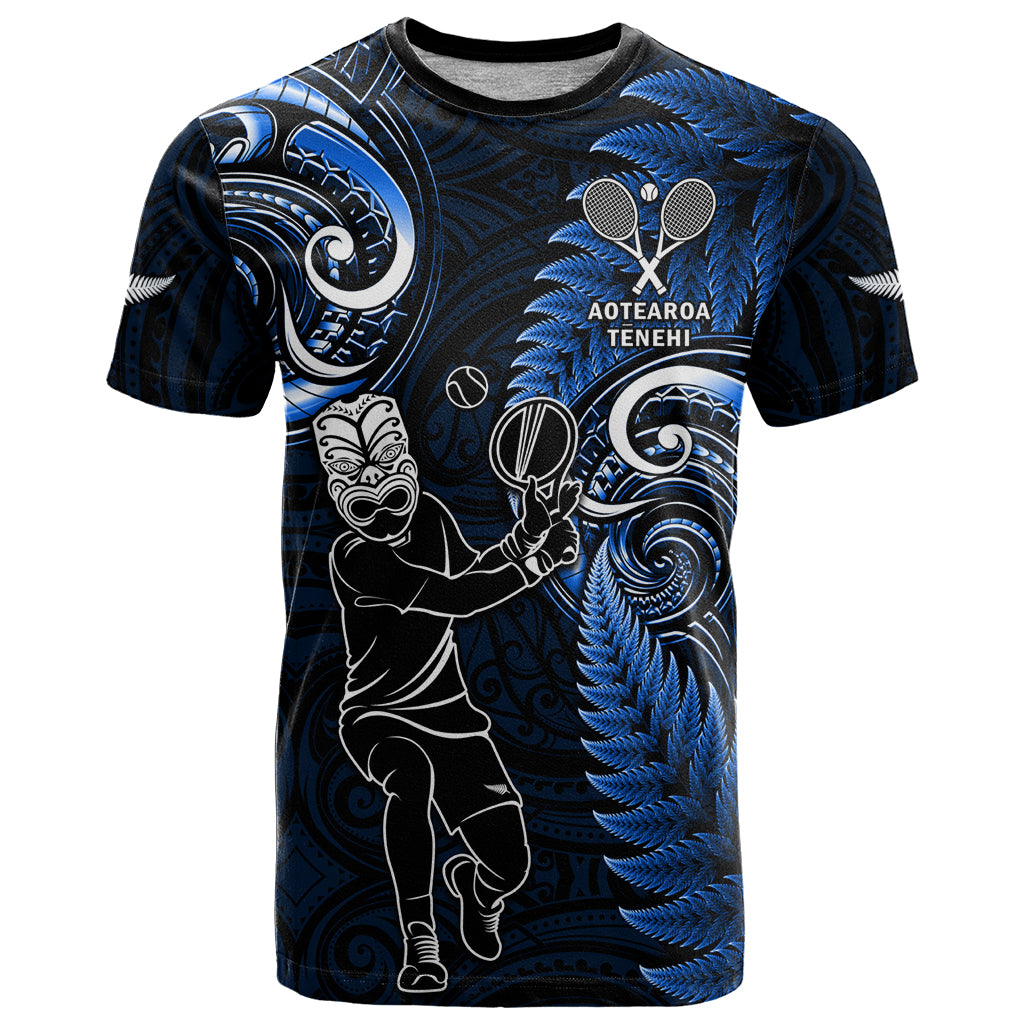 Custom New Zealand Tiki Tennis T Shirt 2024 Aotearoa Tenehi Maori Silver Fern - Blue LT14 Blue - Polynesian Pride