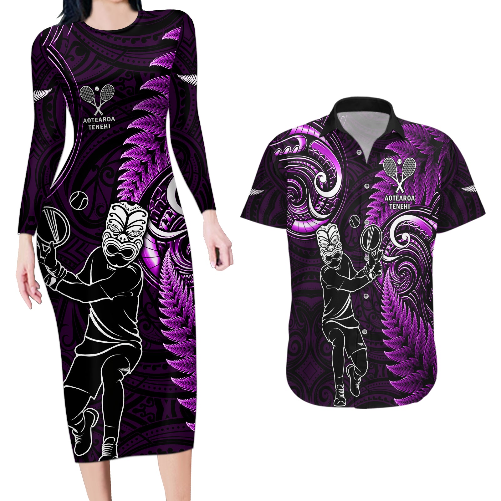 New Zealand Tiki Tennis Couples Matching Long Sleeve Bodycon Dress and Hawaiian Shirt 2024 Aotearoa Tenehi Maori Silver Fern - Purple LT14 Purple - Polynesian Pride