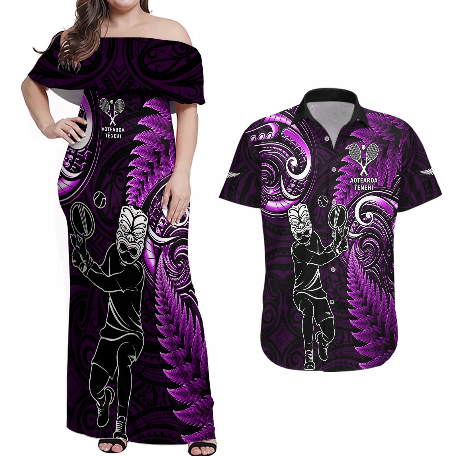 New Zealand Tiki Tennis Couples Matching Off Shoulder Maxi Dress and Hawaiian Shirt 2024 Aotearoa Tenehi Maori Silver Fern - Purple LT14 Purple - Polynesian Pride