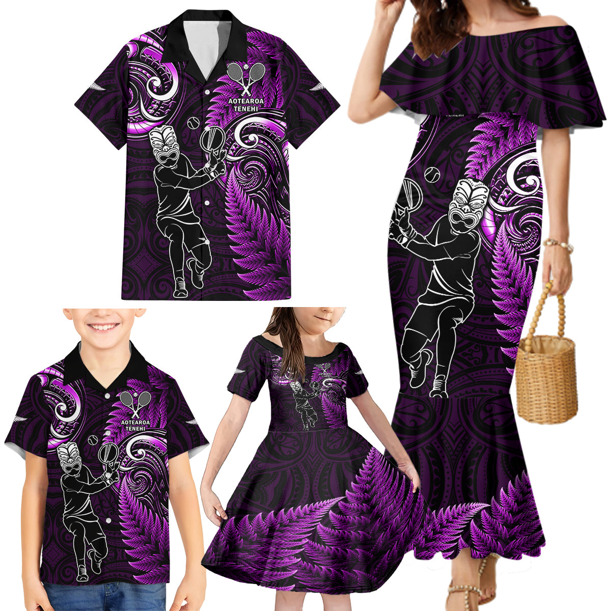 New Zealand Tiki Tennis Family Matching Mermaid Dress and Hawaiian Shirt 2024 Aotearoa Tenehi Maori Silver Fern - Purple LT14 - Polynesian Pride