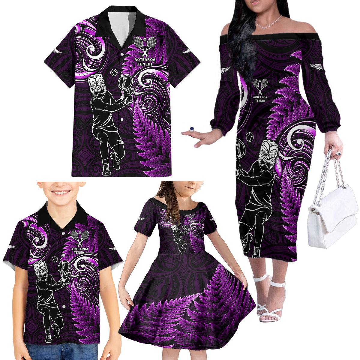 New Zealand Tiki Tennis Family Matching Off Shoulder Long Sleeve Dress and Hawaiian Shirt 2024 Aotearoa Tenehi Maori Silver Fern - Purple LT14 - Polynesian Pride