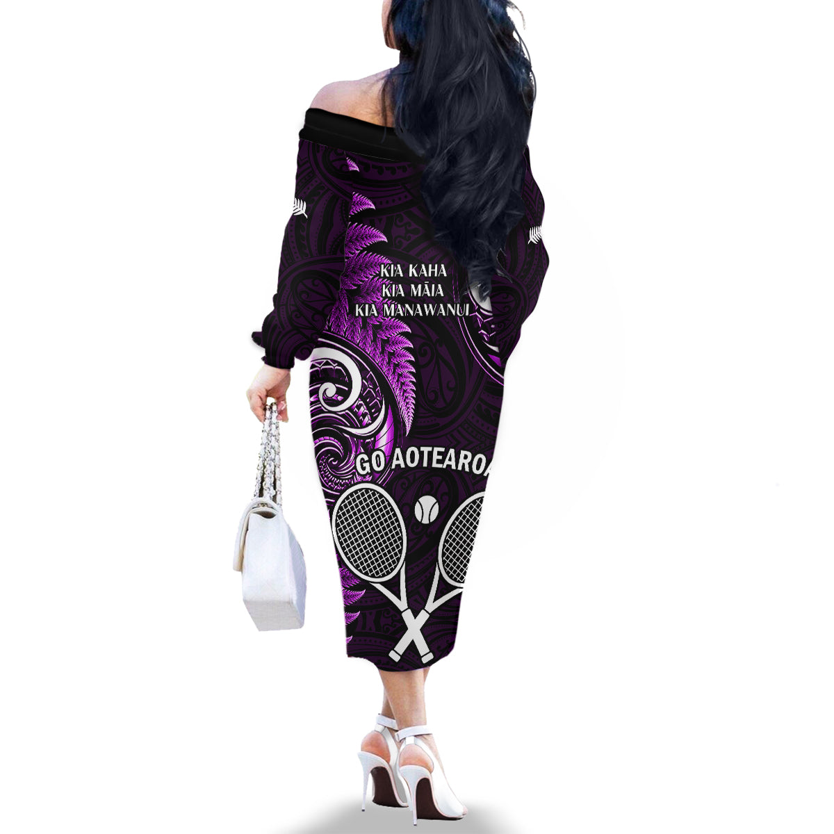New Zealand Tiki Tennis Family Matching Off Shoulder Long Sleeve Dress and Hawaiian Shirt 2024 Aotearoa Tenehi Maori Silver Fern - Purple LT14 - Polynesian Pride