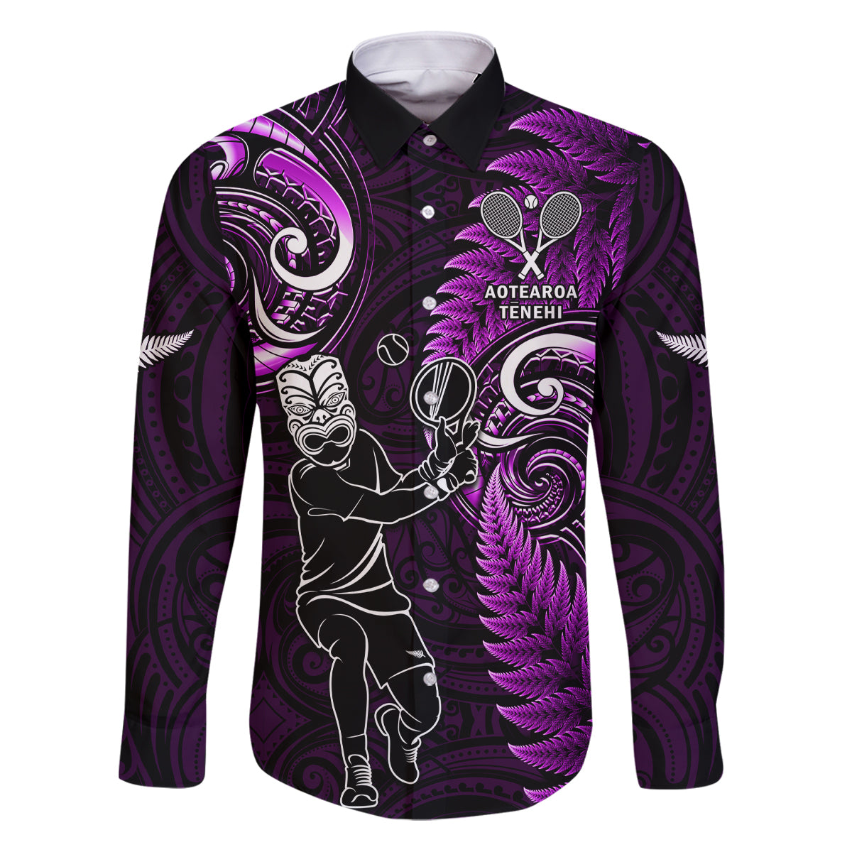 New Zealand Tiki Tennis Family Matching Puletasi and Hawaiian Shirt 2024 Aotearoa Tenehi Maori Silver Fern - Purple LT14 Dad's Shirt - Long Sleeve Purple - Polynesian Pride
