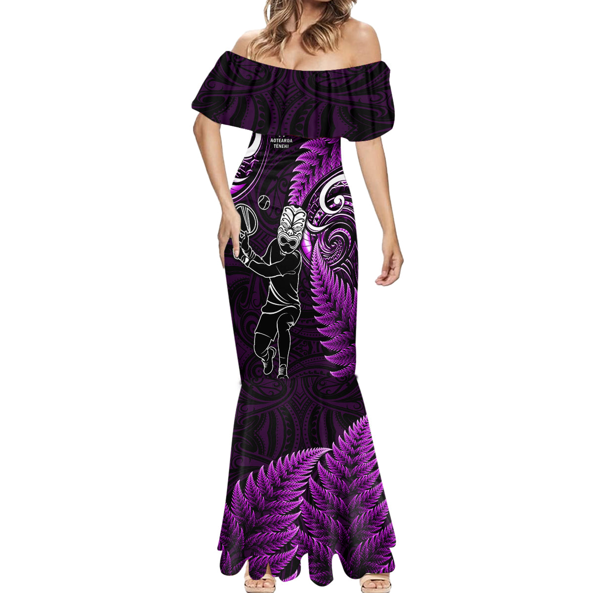 New Zealand Tiki Tennis Mermaid Dress 2024 Aotearoa Tenehi Maori Silver Fern - Purple LT14 - Polynesian Pride