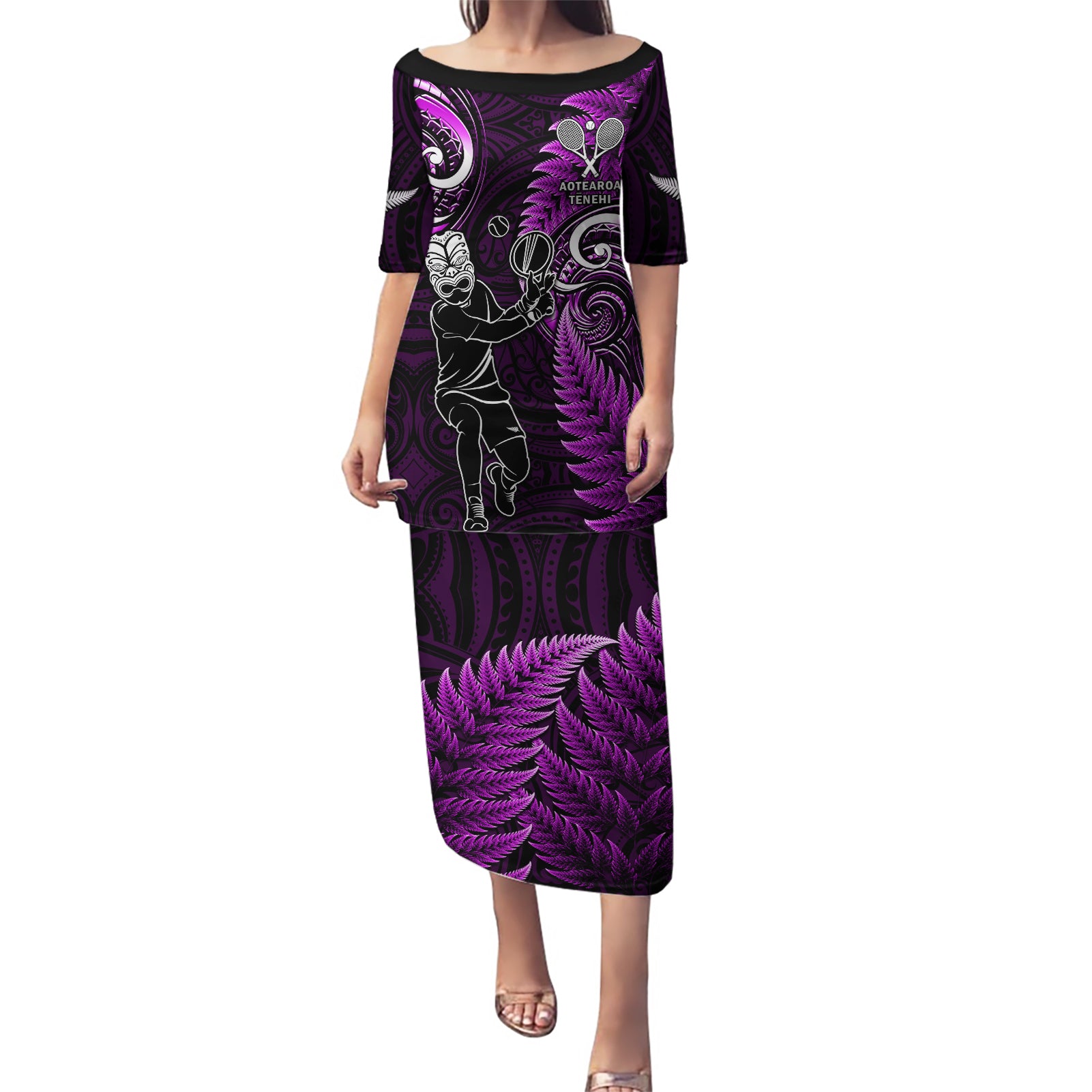 New Zealand Tiki Tennis Puletasi 2024 Aotearoa Tenehi Maori Silver Fern - Purple LT14 Long Dress Purple - Polynesian Pride