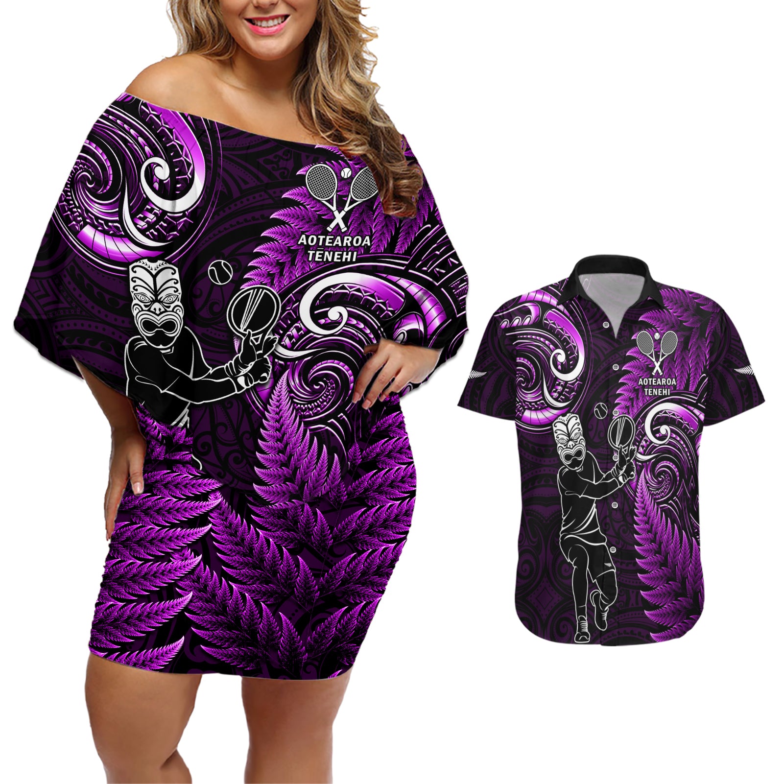 Custom New Zealand Tiki Tennis Couples Matching Off Shoulder Short Dress and Hawaiian Shirt 2024 Aotearoa Tenehi Maori Silver Fern - Purple LT14 Purple - Polynesian Pride