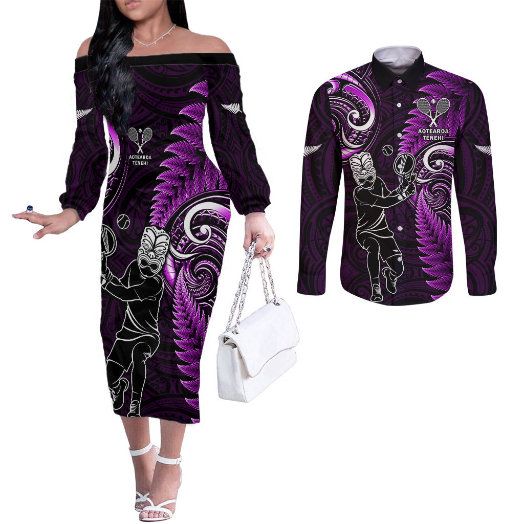 Custom New Zealand Tiki Tennis Couples Matching Off The Shoulder Long Sleeve Dress and Long Sleeve Button Shirt 2024 Aotearoa Tenehi Maori Silver Fern - Purple LT14 Purple - Polynesian Pride