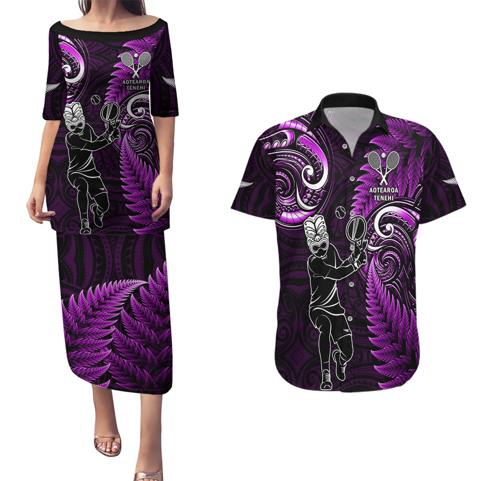 Custom New Zealand Tiki Tennis Couples Matching Puletasi and Hawaiian Shirt 2024 Aotearoa Tenehi Maori Silver Fern - Purple LT14 Purple - Polynesian Pride