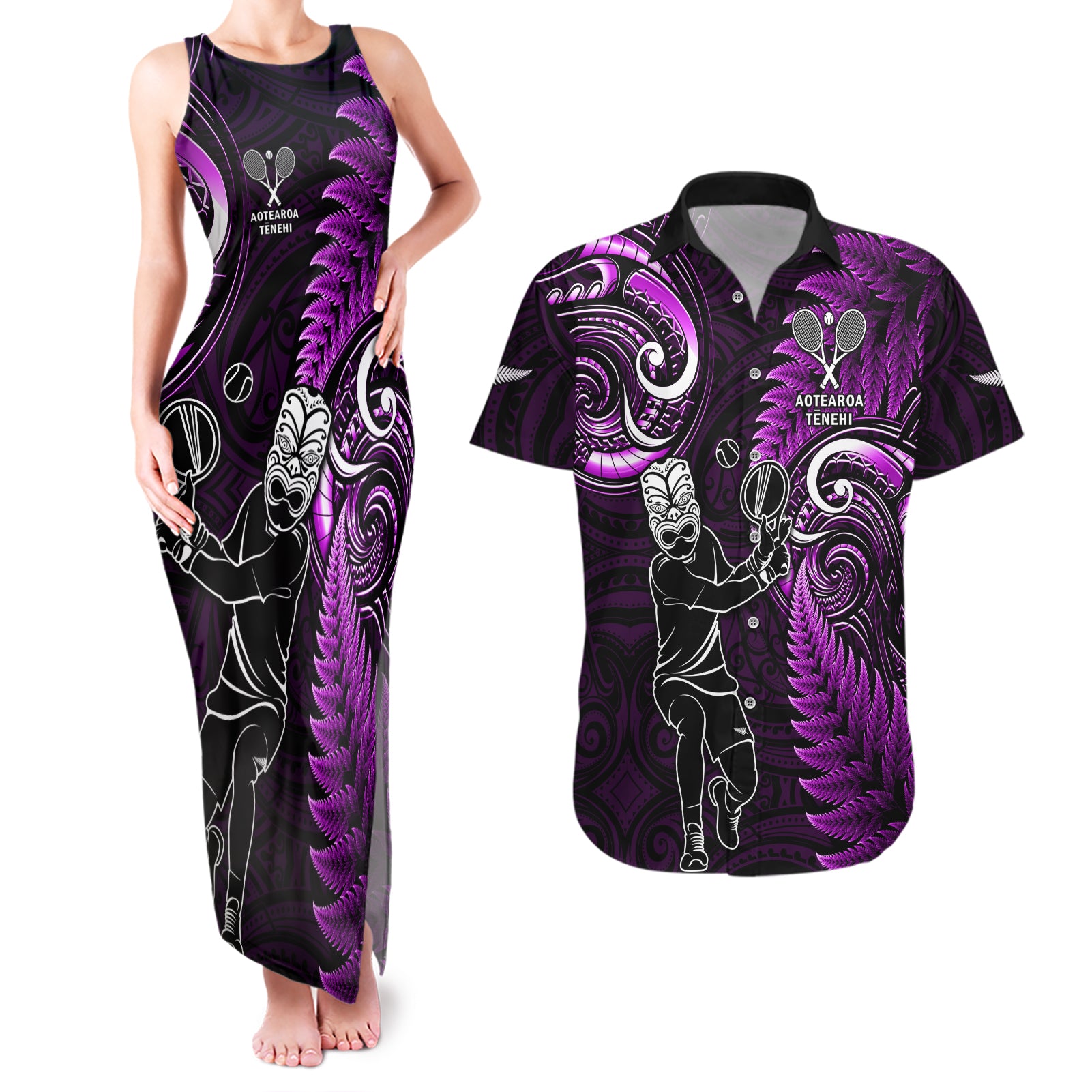 Custom New Zealand Tiki Tennis Couples Matching Tank Maxi Dress and Hawaiian Shirt 2024 Aotearoa Tenehi Maori Silver Fern - Purple LT14 Purple - Polynesian Pride