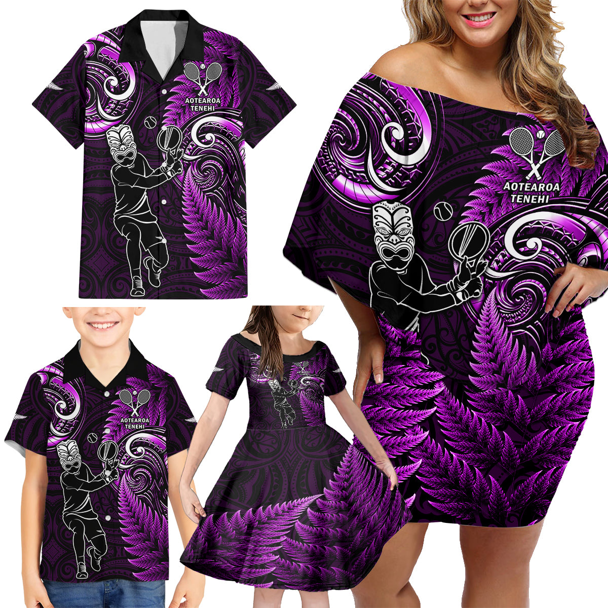 Custom New Zealand Tiki Tennis Family Matching Off Shoulder Short Dress and Hawaiian Shirt 2024 Aotearoa Tenehi Maori Silver Fern - Purple LT14 - Polynesian Pride