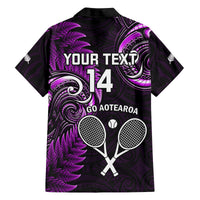Custom New Zealand Tiki Tennis Family Matching Off Shoulder Short Dress and Hawaiian Shirt 2024 Aotearoa Tenehi Maori Silver Fern - Purple LT14 - Polynesian Pride