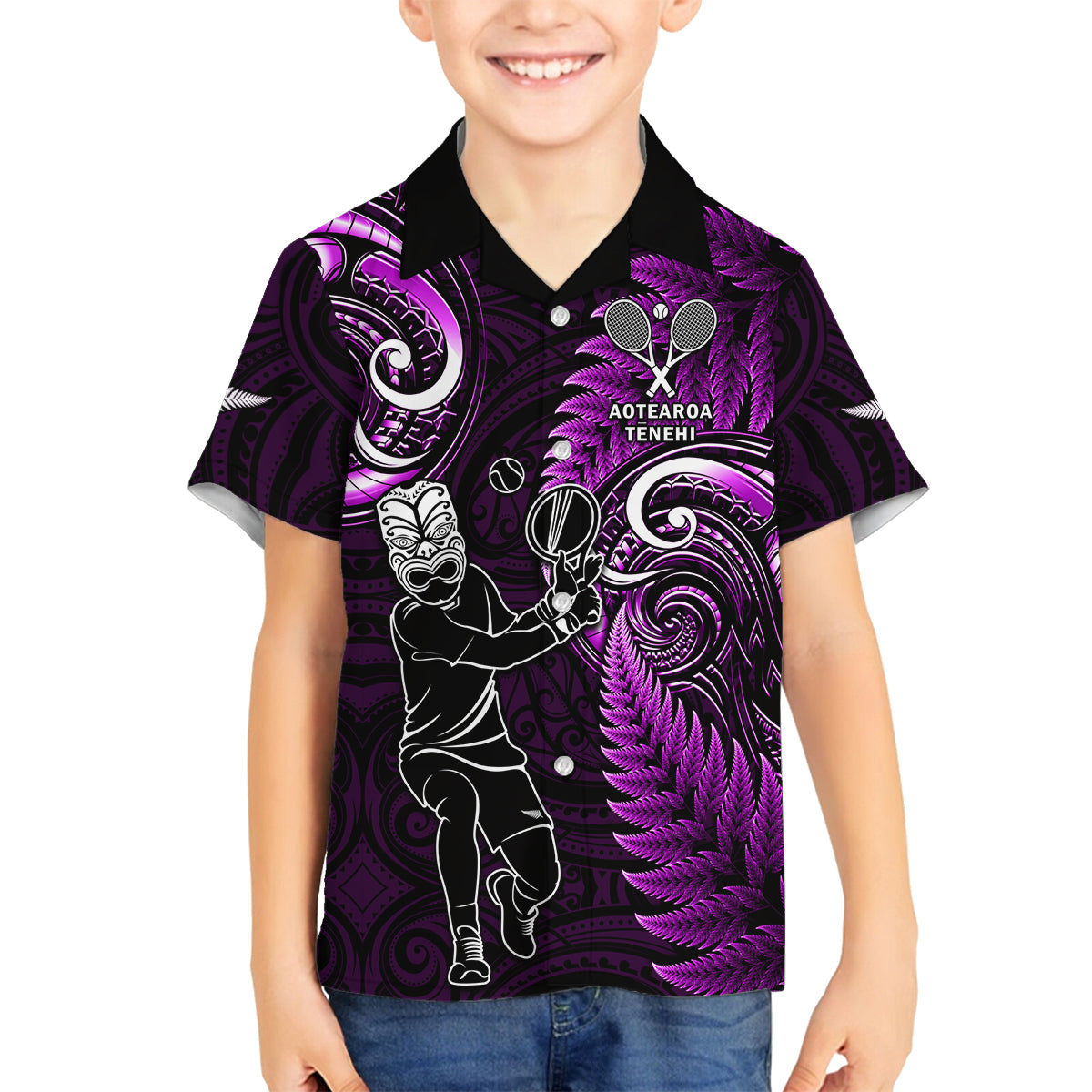Custom New Zealand Tiki Tennis Family Matching Tank Maxi Dress and Hawaiian Shirt 2024 Aotearoa Tenehi Maori Silver Fern - Purple LT14 Son's Shirt Purple - Polynesian Pride