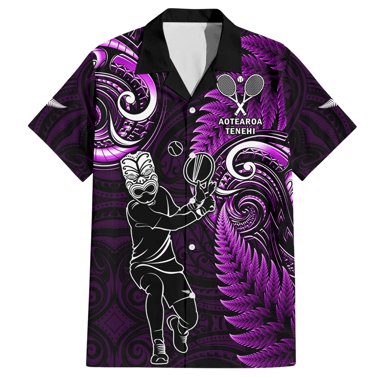 Custom New Zealand Tiki Tennis Hawaiian Shirt 2024 Aotearoa Tenehi Maori Silver Fern - Purple LT14 Purple - Polynesian Pride