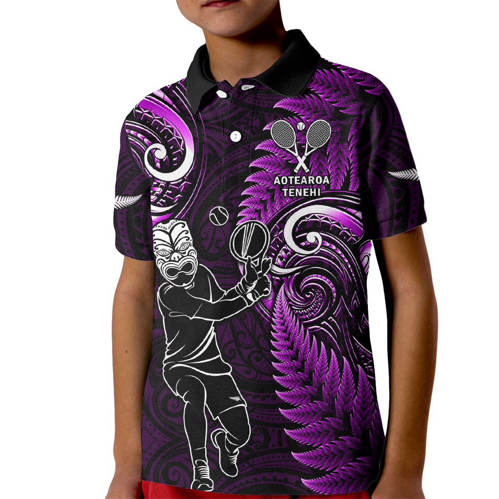 Custom New Zealand Tiki Tennis Kid Polo Shirt 2024 Aotearoa Tenehi Maori Silver Fern - Purple LT14 Kid Purple - Polynesian Pride