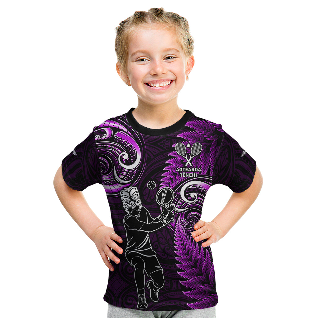 Custom New Zealand Tiki Tennis Kid T Shirt 2024 Aotearoa Tenehi Maori Silver Fern - Purple LT14 Purple - Polynesian Pride