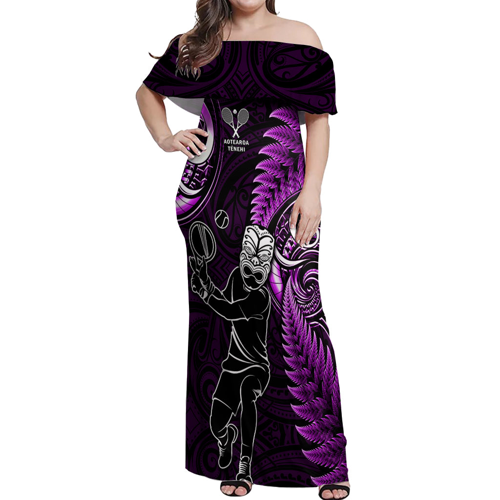 Custom New Zealand Tiki Tennis Off Shoulder Maxi Dress 2024 Aotearoa Tenehi Maori Silver Fern - Purple LT14 Women Purple - Polynesian Pride