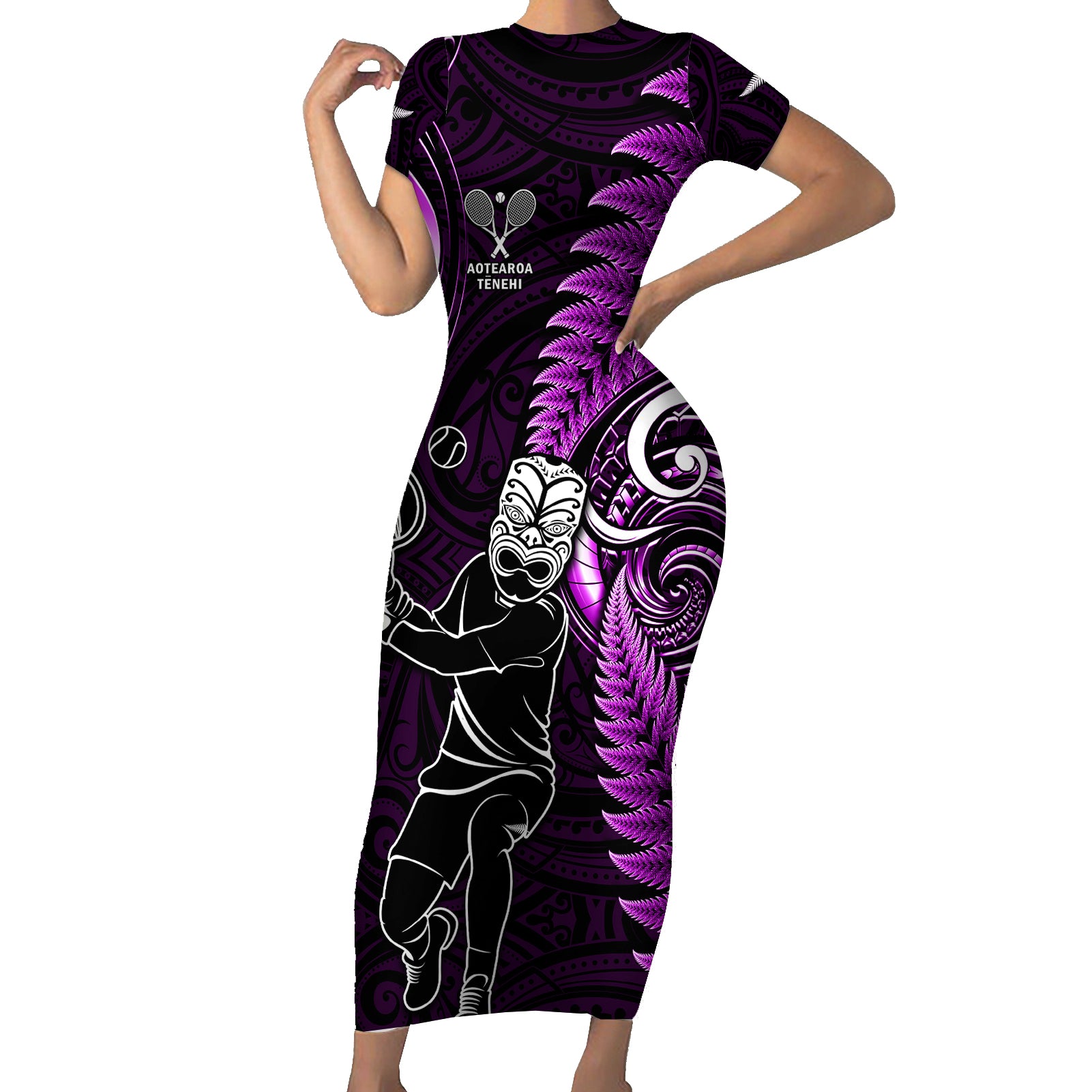 Custom New Zealand Tiki Tennis Short Sleeve Bodycon Dress 2024 Aotearoa Tenehi Maori Silver Fern - Purple LT14 Long Dress Purple - Polynesian Pride