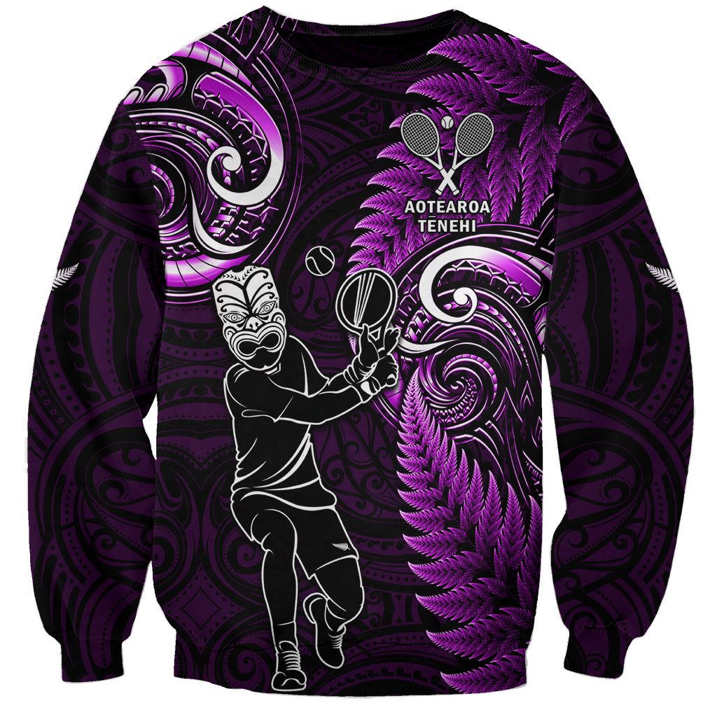 Custom New Zealand Tiki Tennis Sweatshirt 2024 Aotearoa Tenehi Maori Silver Fern - Purple LT14 Unisex Purple - Polynesian Pride