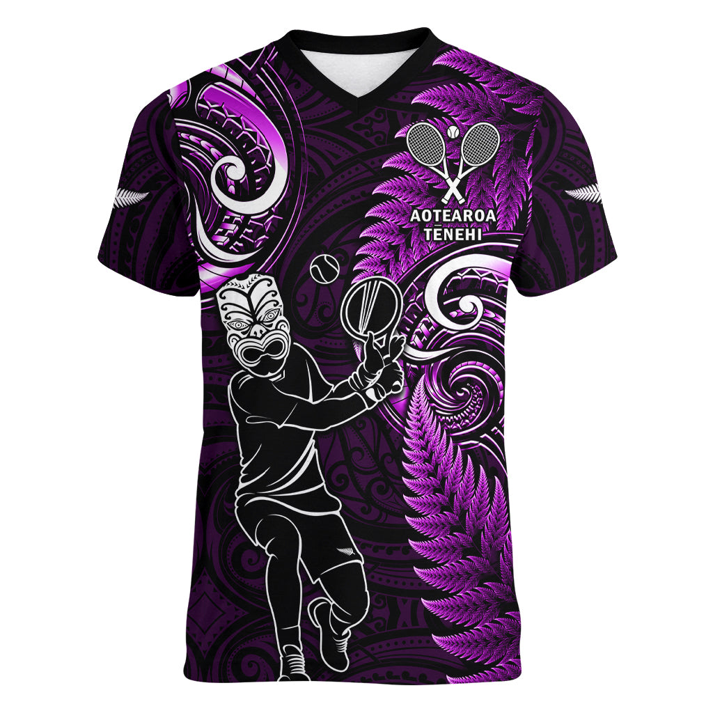 Custom New Zealand Tiki Tennis Women V Neck T Shirt 2024 Aotearoa Tenehi Maori Silver Fern - Purple LT14 Female Purple - Polynesian Pride