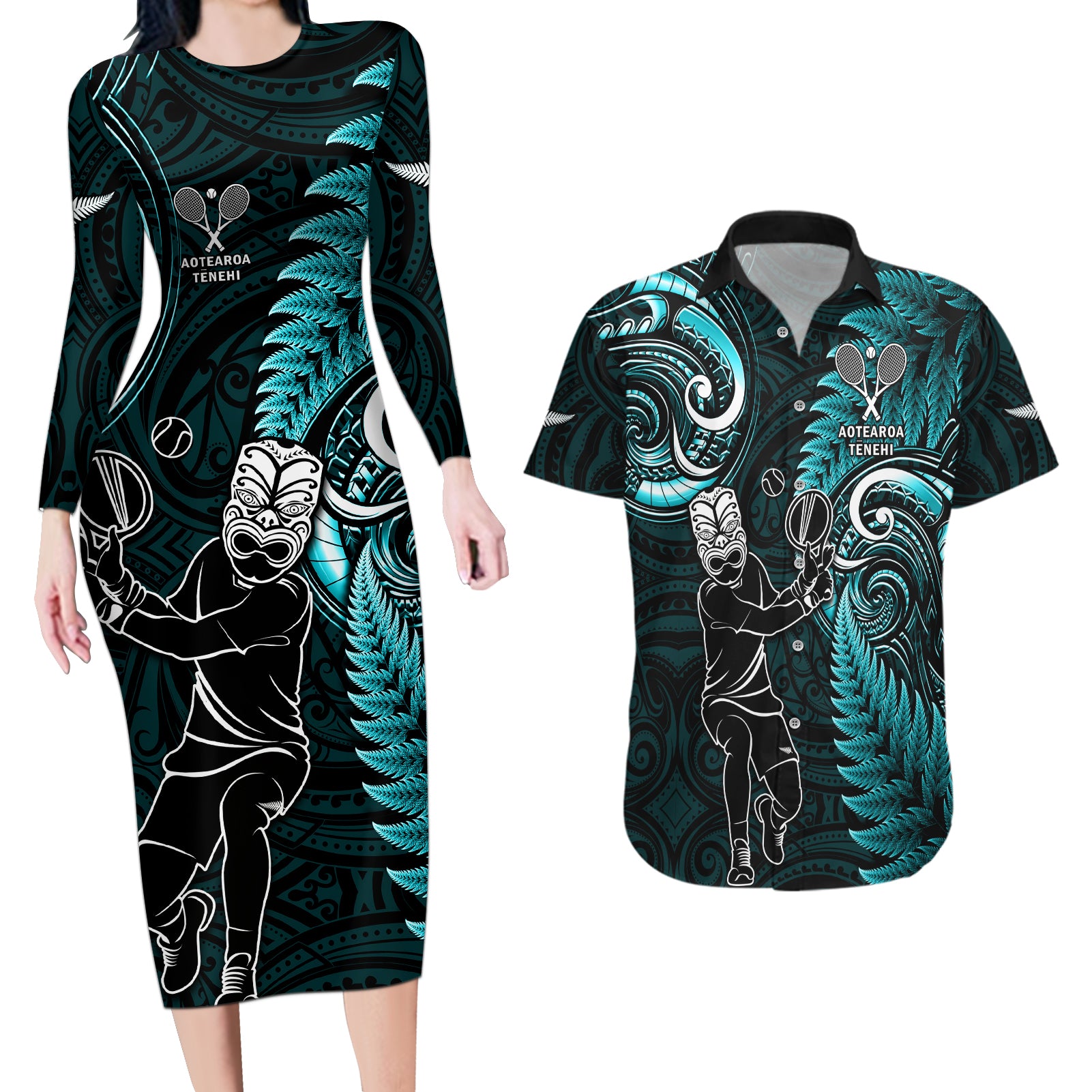 New Zealand Tiki Tennis Couples Matching Long Sleeve Bodycon Dress and Hawaiian Shirt 2024 Aotearoa Tenehi Maori Silver Fern - Turquoise LT14 Turquoise - Polynesian Pride