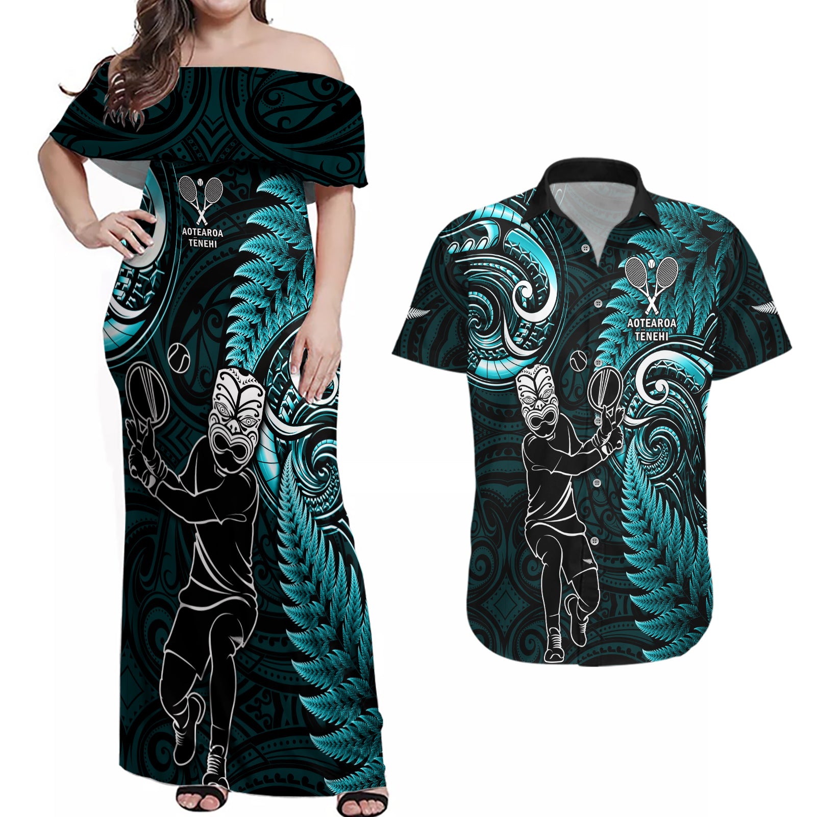 New Zealand Tiki Tennis Couples Matching Off Shoulder Maxi Dress and Hawaiian Shirt 2024 Aotearoa Tenehi Maori Silver Fern - Turquoise LT14 Turquoise - Polynesian Pride