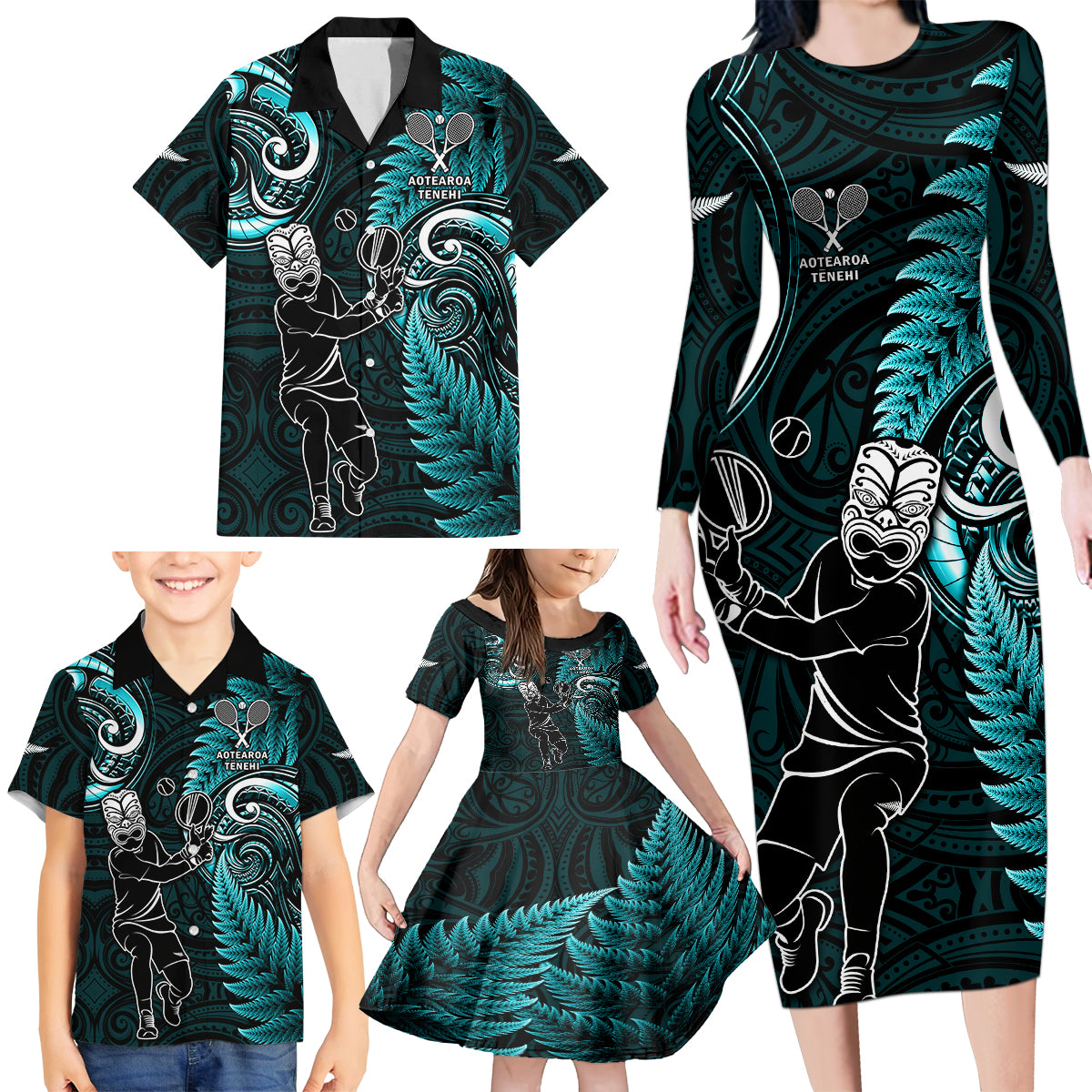 New Zealand Tiki Tennis Family Matching Long Sleeve Bodycon Dress and Hawaiian Shirt 2024 Aotearoa Tenehi Maori Silver Fern - Turquoise LT14 - Polynesian Pride