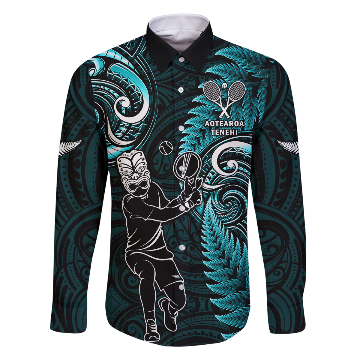 New Zealand Tiki Tennis Family Matching Off Shoulder Maxi Dress and Hawaiian Shirt 2024 Aotearoa Tenehi Maori Silver Fern - Turquoise LT14 Dad's Shirt - Long Sleeve Turquoise - Polynesian Pride