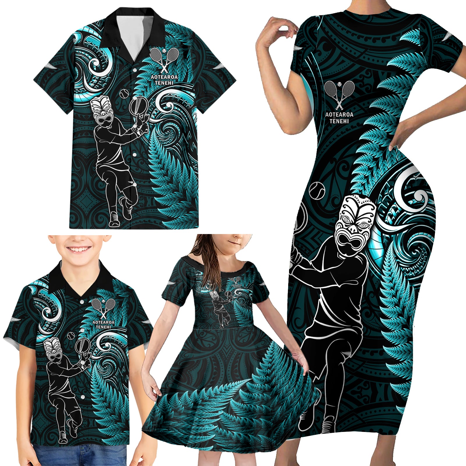 New Zealand Tiki Tennis Family Matching Short Sleeve Bodycon Dress and Hawaiian Shirt 2024 Aotearoa Tenehi Maori Silver Fern - Turquoise LT14 - Polynesian Pride