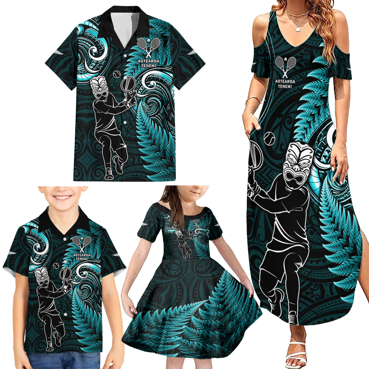 New Zealand Tiki Tennis Family Matching Summer Maxi Dress and Hawaiian Shirt 2024 Aotearoa Tenehi Maori Silver Fern - Turquoise LT14 - Polynesian Pride