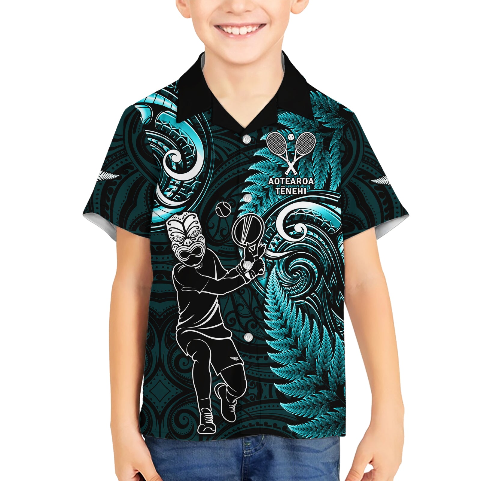 New Zealand Tiki Tennis Kid Hawaiian Shirt 2024 Aotearoa Tenehi Maori Silver Fern - Turquoise LT14 Kid Turquoise - Polynesian Pride