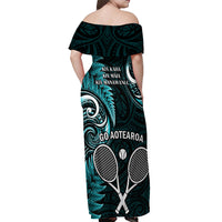 New Zealand Tiki Tennis Off Shoulder Maxi Dress 2024 Aotearoa Tenehi Maori Silver Fern - Turquoise LT14 - Polynesian Pride
