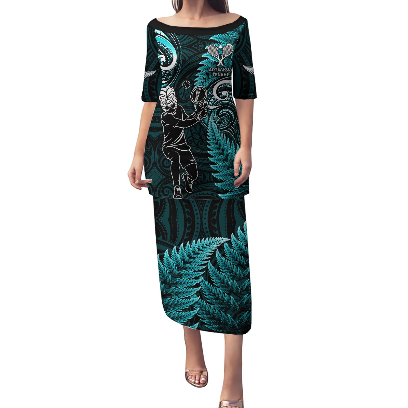 New Zealand Tiki Tennis Puletasi 2024 Aotearoa Tenehi Maori Silver Fern - Turquoise LT14 Long Dress Turquoise - Polynesian Pride