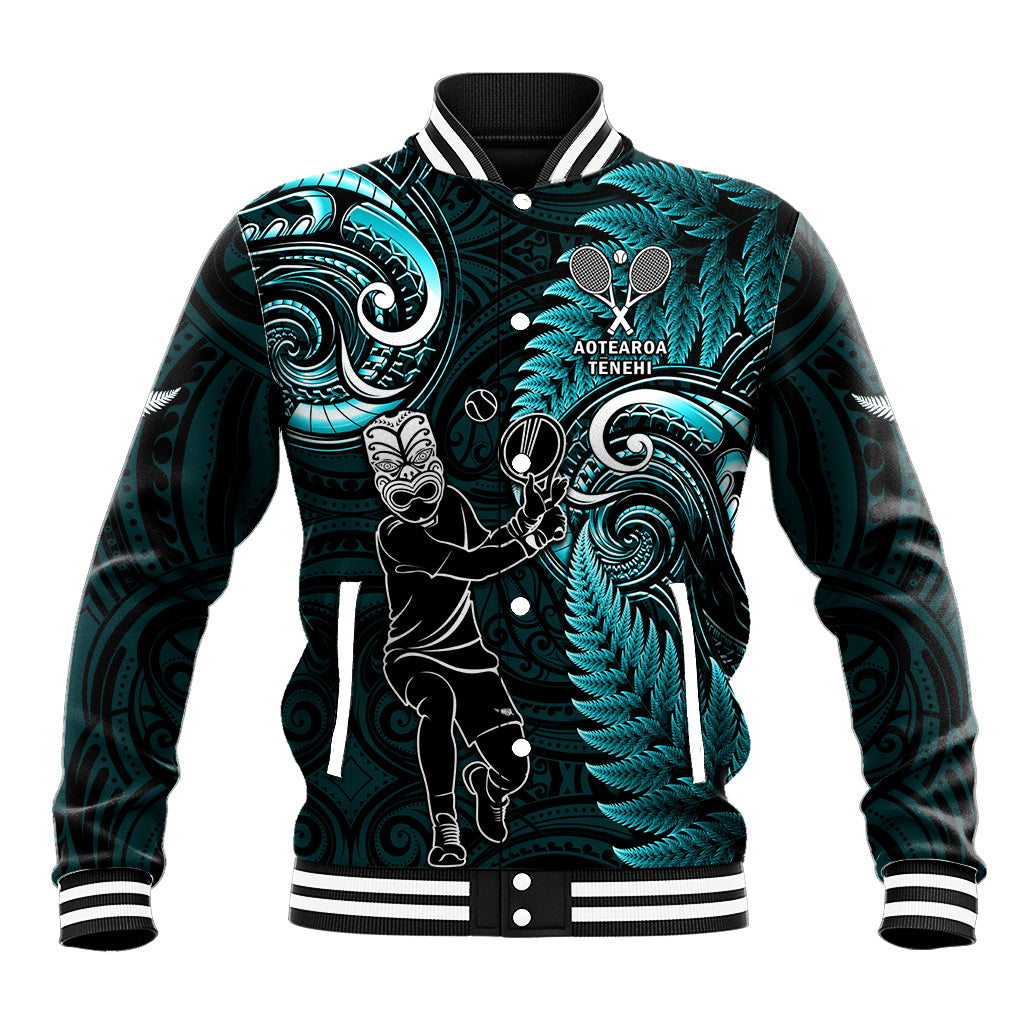 Custom New Zealand Tiki Tennis Baseball Jacket 2024 Aotearoa Tenehi Maori Silver Fern - Turquoise LT14 Unisex Turquoise - Polynesian Pride