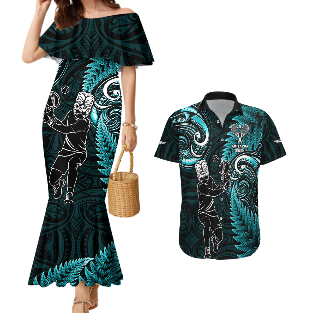 Custom New Zealand Tiki Tennis Couples Matching Mermaid Dress and Hawaiian Shirt 2024 Aotearoa Tenehi Maori Silver Fern - Turquoise LT14 Turquoise - Polynesian Pride