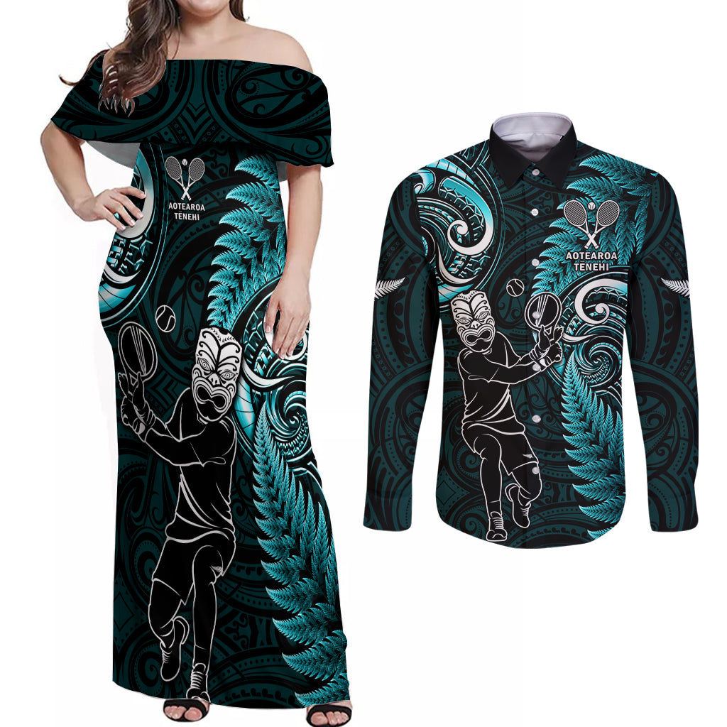 Custom New Zealand Tiki Tennis Couples Matching Off Shoulder Maxi Dress and Long Sleeve Button Shirt 2024 Aotearoa Tenehi Maori Silver Fern - Turquoise LT14 Turquoise - Polynesian Pride