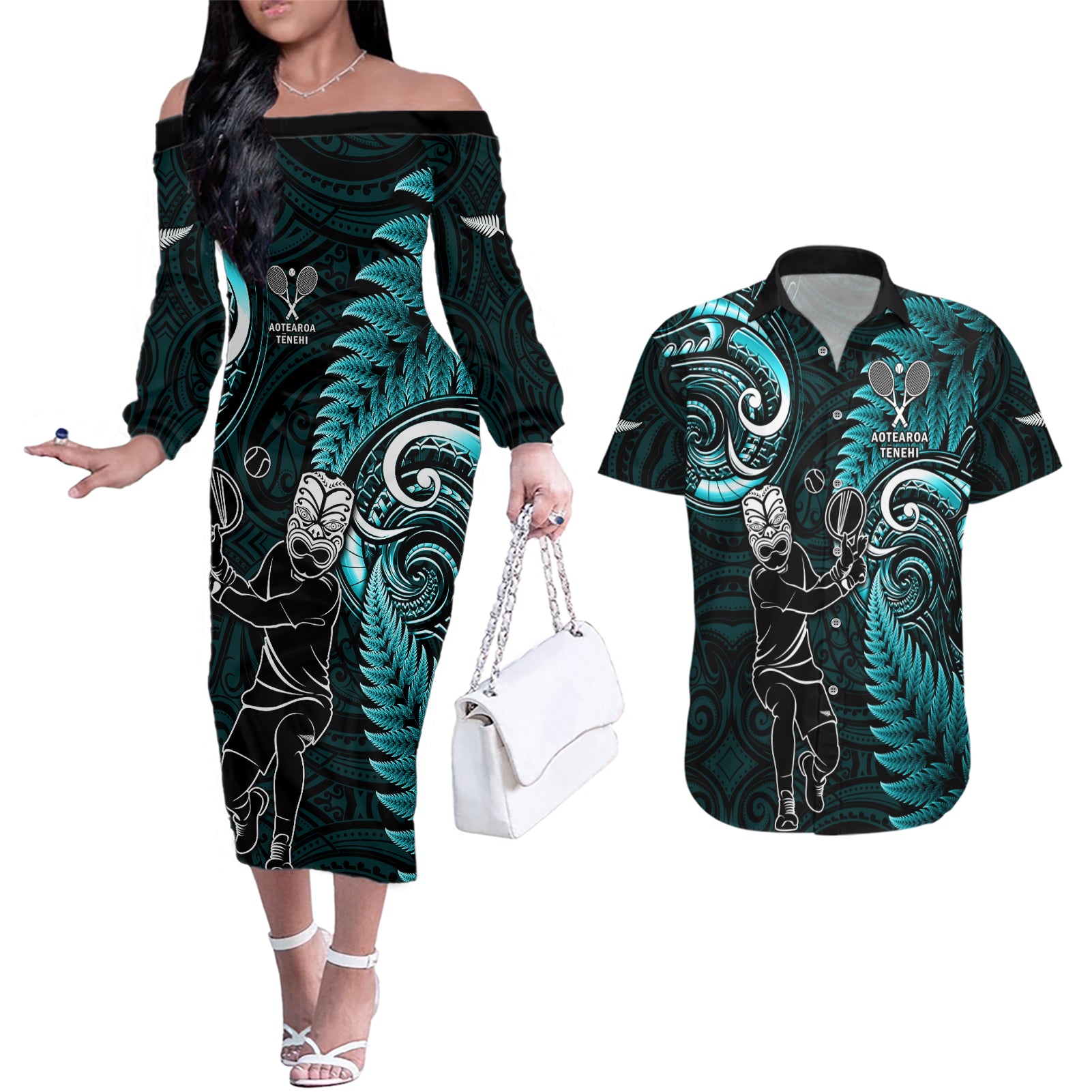 Custom New Zealand Tiki Tennis Couples Matching Off The Shoulder Long Sleeve Dress and Hawaiian Shirt 2024 Aotearoa Tenehi Maori Silver Fern - Turquoise LT14 Turquoise - Polynesian Pride