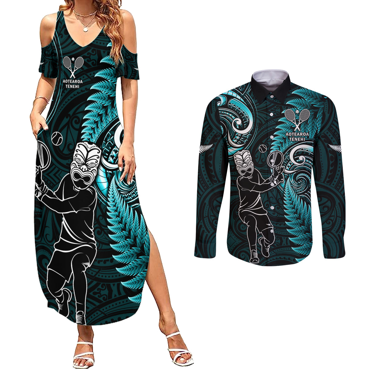 Custom New Zealand Tiki Tennis Couples Matching Summer Maxi Dress and Long Sleeve Button Shirt 2024 Aotearoa Tenehi Maori Silver Fern - Turquoise LT14 Turquoise - Polynesian Pride