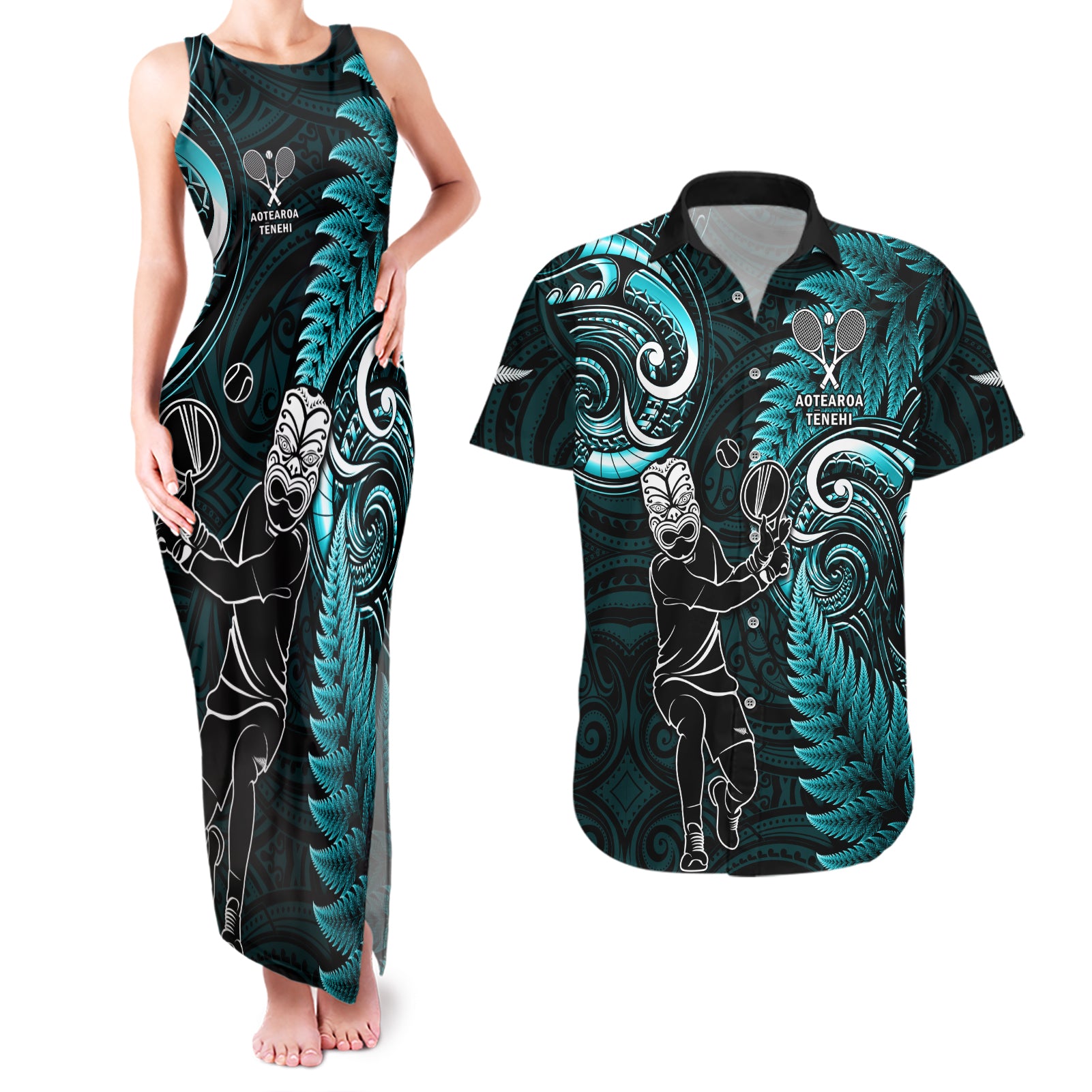 Custom New Zealand Tiki Tennis Couples Matching Tank Maxi Dress and Hawaiian Shirt 2024 Aotearoa Tenehi Maori Silver Fern - Turquoise LT14 Turquoise - Polynesian Pride