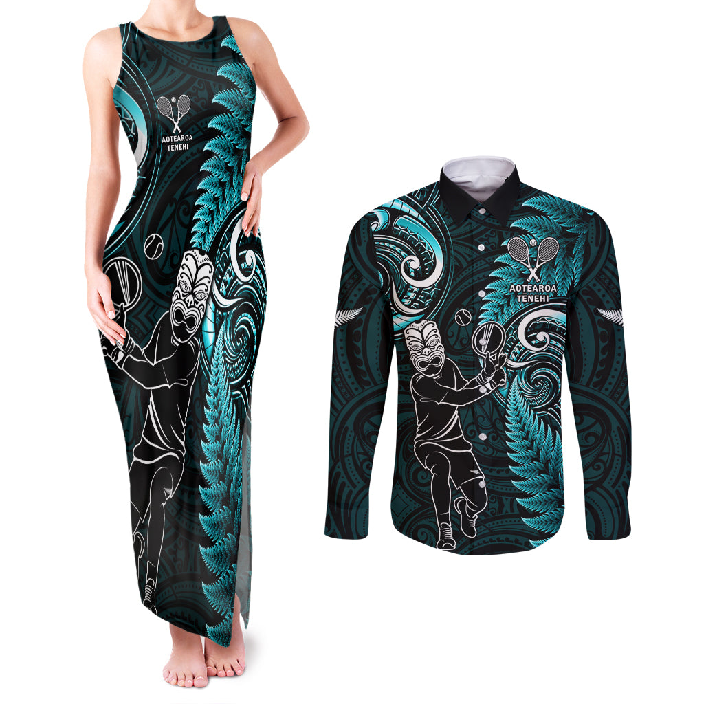 Custom New Zealand Tiki Tennis Couples Matching Tank Maxi Dress and Long Sleeve Button Shirt 2024 Aotearoa Tenehi Maori Silver Fern - Turquoise LT14 Turquoise - Polynesian Pride