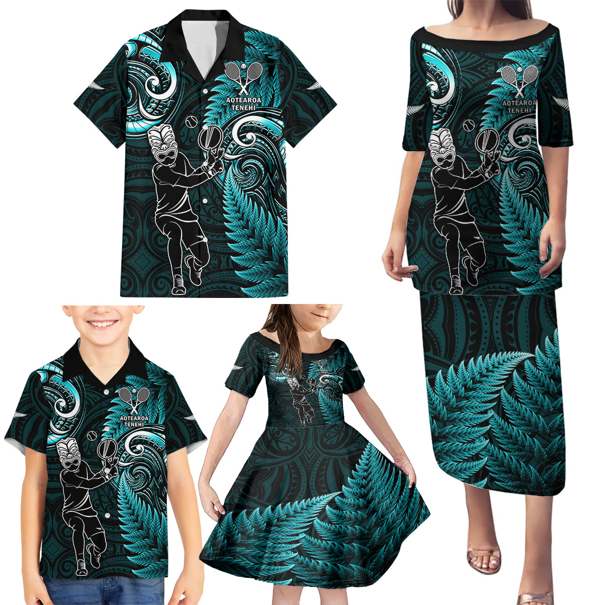 Custom New Zealand Tiki Tennis Family Matching Puletasi and Hawaiian Shirt 2024 Aotearoa Tenehi Maori Silver Fern - Turquoise LT14 - Polynesian Pride