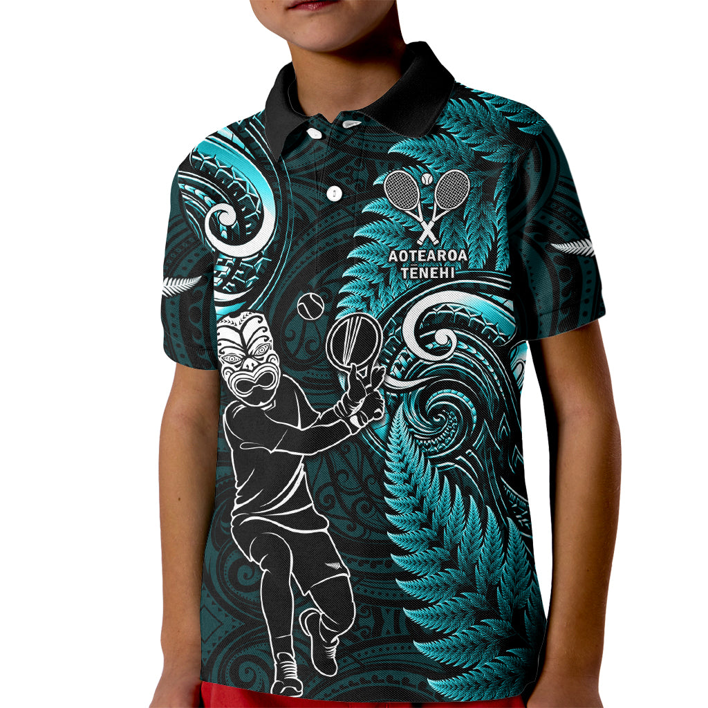 Custom New Zealand Tiki Tennis Kid Polo Shirt 2024 Aotearoa Tenehi Maori Silver Fern - Turquoise LT14 Kid Turquoise - Polynesian Pride